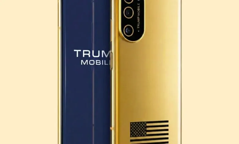 Gold 'Trump Mobile' phone with American flag design on the back.
