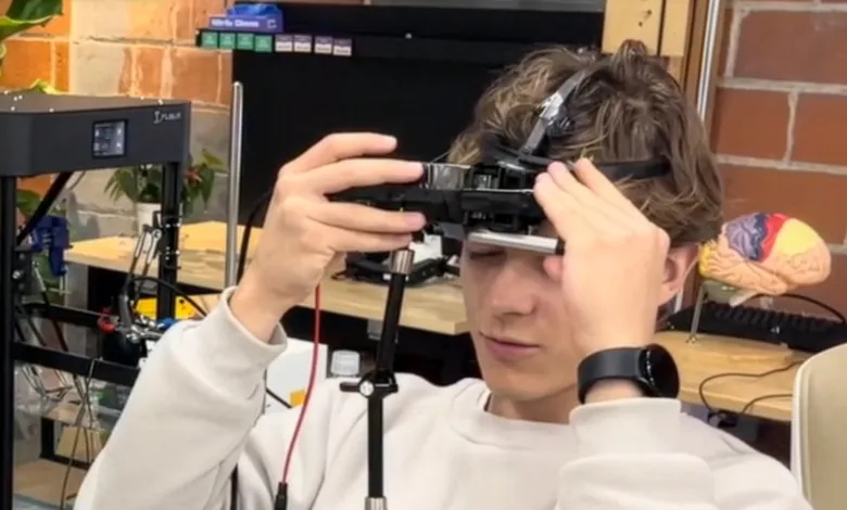 Person wearing a device on their head, possibly for research or medical purposes.