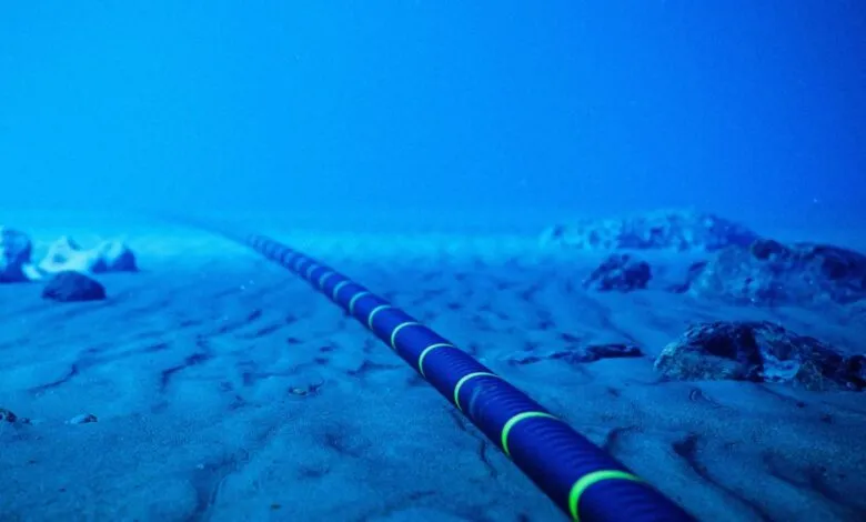 Underwater cable stretches across sandy seabed in blue ocean environment.