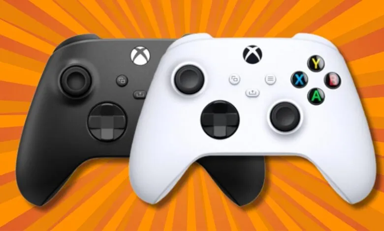 Black and white Xbox Series X/S controllers on orange radial background.