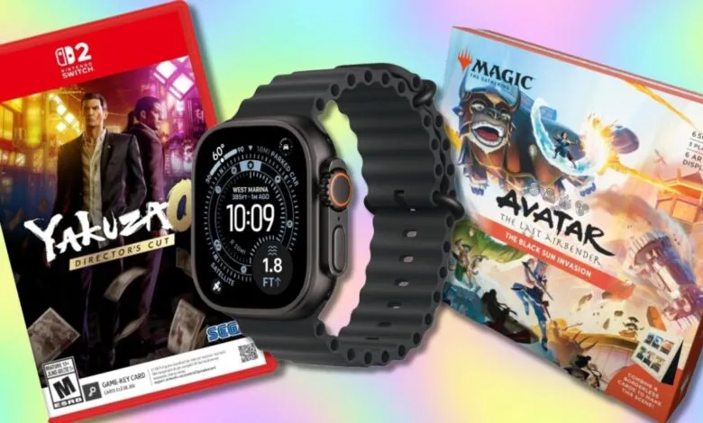 Yakuza game, Apple Watch, and Magic: The Gathering Avatar card set on colorful background.