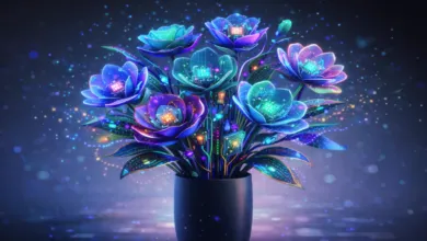 Futuristic flowers with circuit board petals in a dark vase.