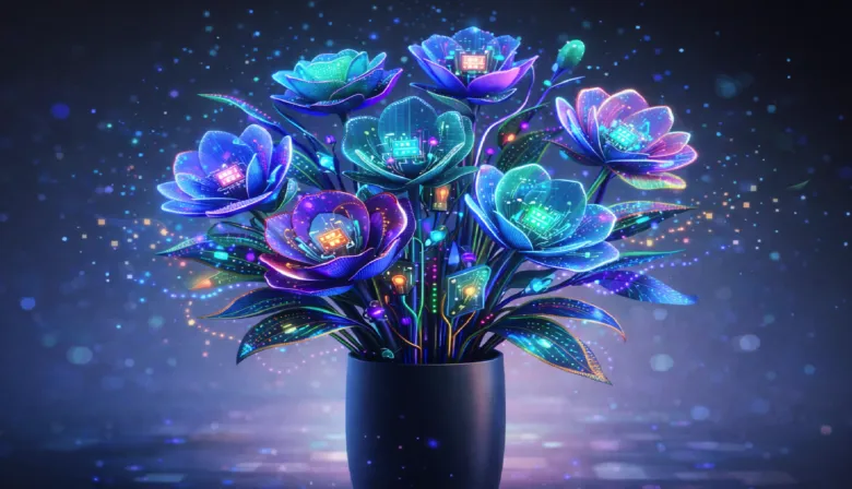 Futuristic flowers with circuit board petals in a dark vase.