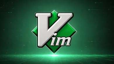 Vim text editor logo on a green tech background.