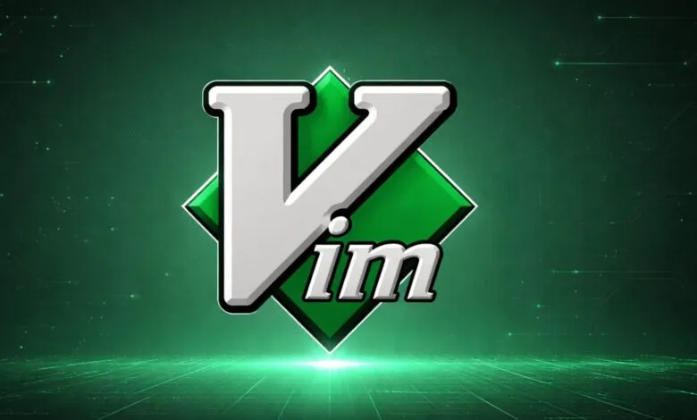 Vim text editor logo on a green tech background.