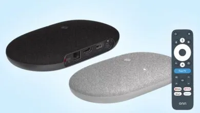 Onn 4K Streaming Box with remote, black and gray devices.