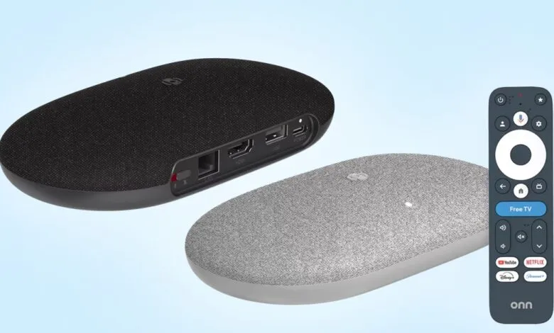 Onn 4K Streaming Box with remote, black and gray devices.