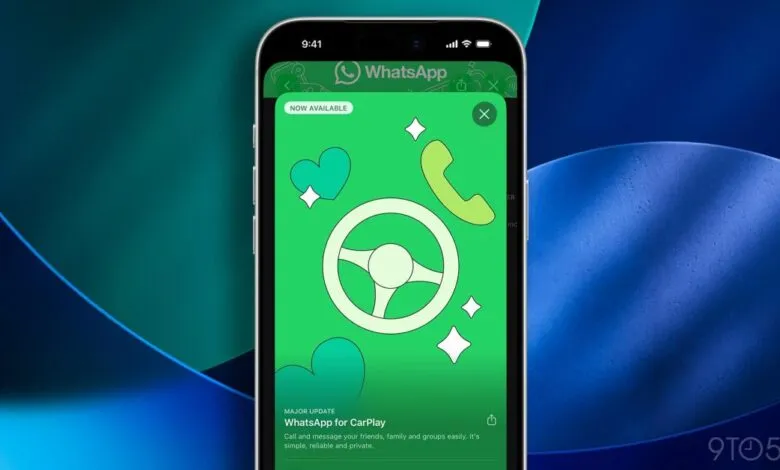 WhatsApp CarPlay update displayed on an iPhone screen.