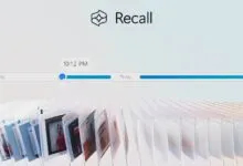Windows Recall interface showing timeline and snapshots of past activity.