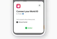 Tinder app screen showing World ID verification process.
