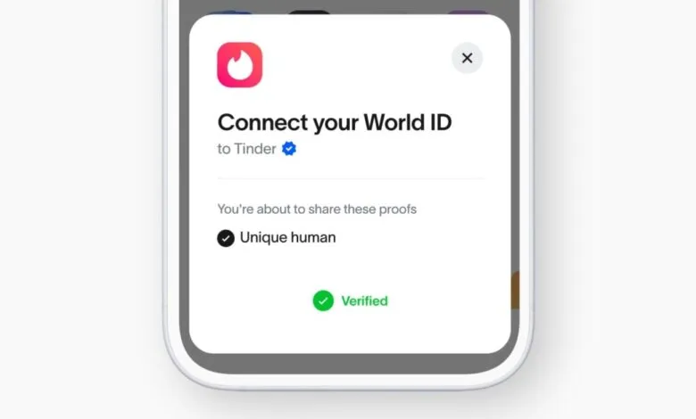 Tinder app screen showing World ID verification process.