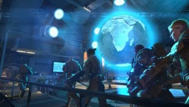 XCOM soldiers stand ready in a futuristic command center, earth globe hologram.