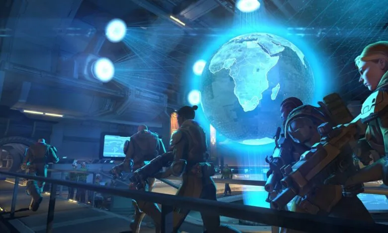 XCOM soldiers stand ready in a futuristic command center, earth globe hologram.