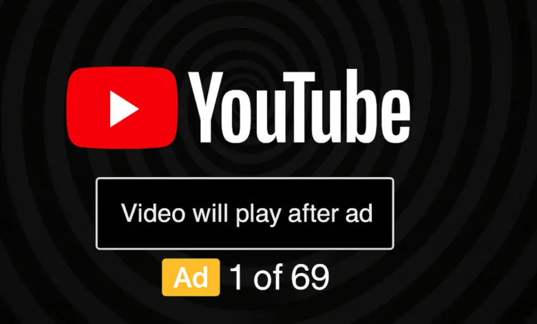 YouTube ad screen showing 'Video will play after ad' and 'Ad 1 of 69'.