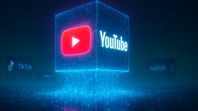 YouTube logo on a glowing cube, with TikTok and Twitch logos in the background.