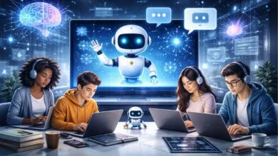 Four people work on laptops with AI and robots displayed on a large screen.