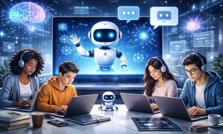 Four people work on laptops with AI and robots displayed on a large screen.