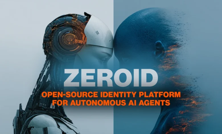 Robot and human face merge, representing AI identity platform.