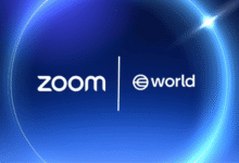 Zoom and eWorld logos side-by-side on a blue gradient background.