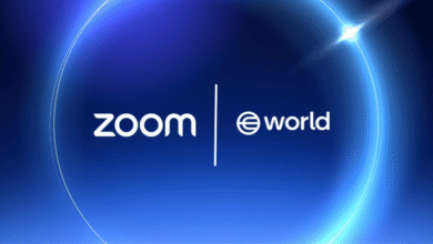 Zoom and eWorld logos side-by-side on a blue gradient background.