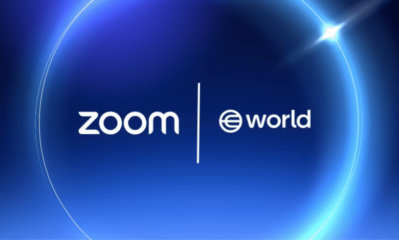 Zoom and eWorld logos side-by-side on a blue gradient background.