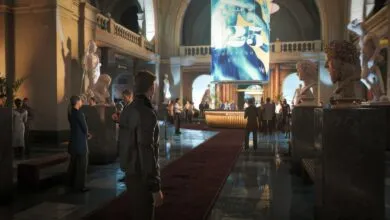 Grand hall with people, statues, and a '25th Anniversary Gala' banner.