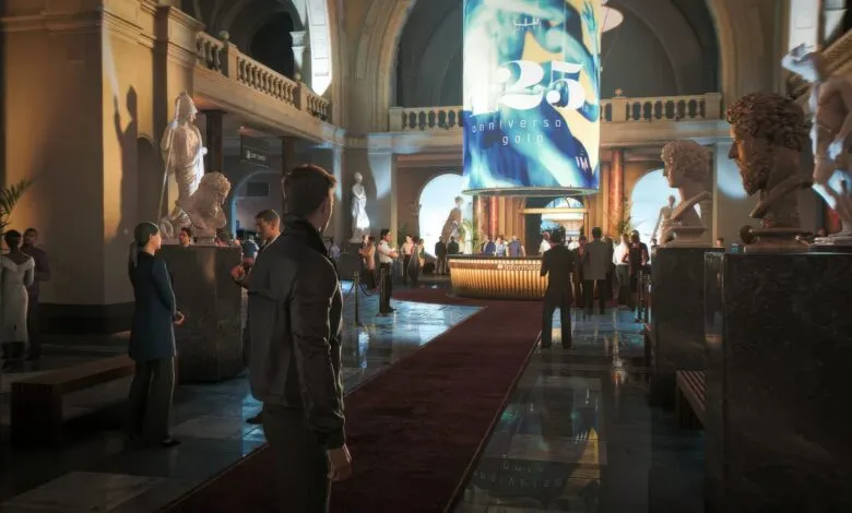 Grand hall with people, statues, and a '25th Anniversary Gala' banner.