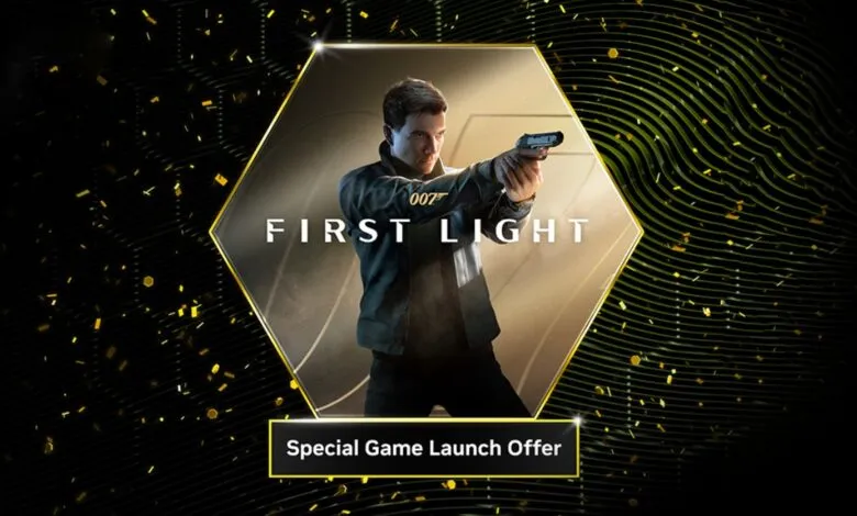 007 First Light game launch offer featuring a man aiming a gun.