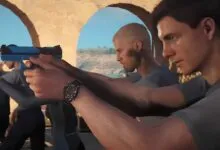 James Bond and recruits in weapons training, aiming blue pistols.