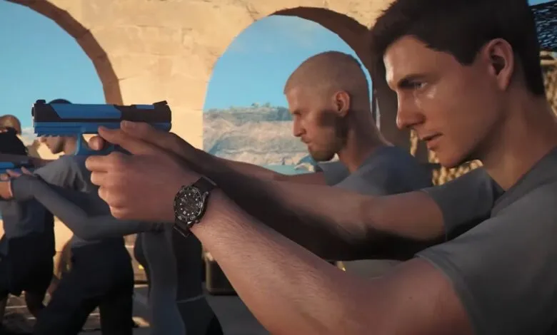 James Bond and recruits in weapons training, aiming blue pistols.