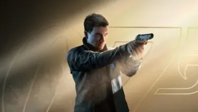 Man in black jacket aiming a pistol against a golden background.