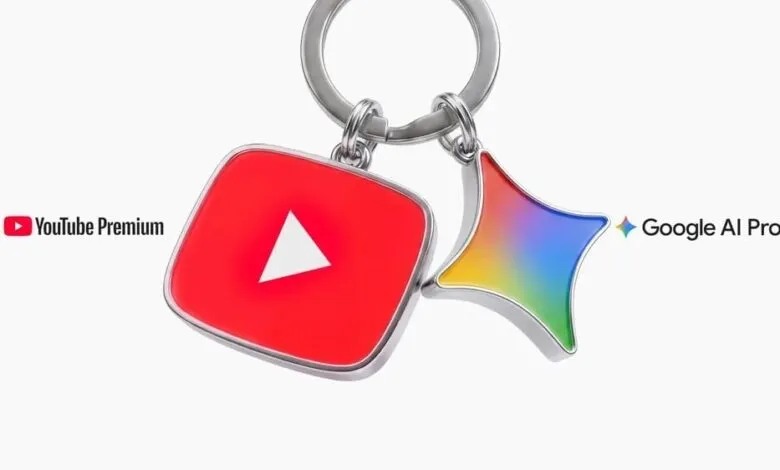 YouTube Premium and Google AI Pro keychains on a silver ring.