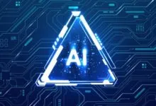 AI symbol in a glowing triangle against a circuit board background.