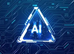 AI symbol in a glowing triangle against a circuit board background.