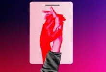 Two red hands intertwined on a tablet screen against a purple gradient background.