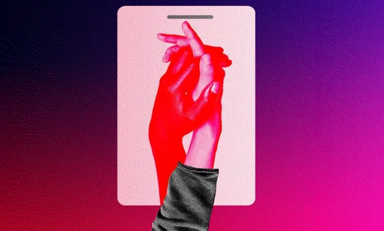 Two red hands intertwined on a tablet screen against a purple gradient background.