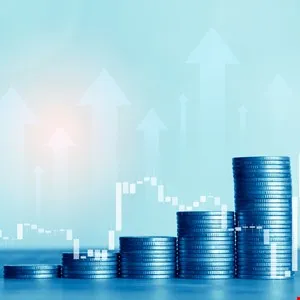 Stacks of coins increasing in height, overlaid with upward-pointing arrows and a financial chart.