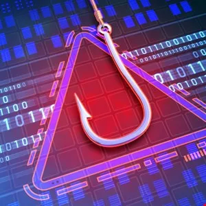 A fishhook hangs over a red warning triangle against a digital background.