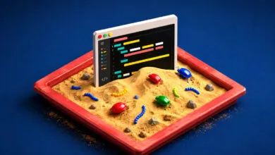 Sandbox with code editor, bugs, and toy worms representing software debugging.