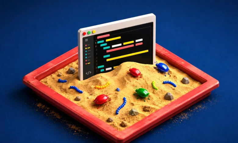 Sandbox with code editor, bugs, and toy worms representing software debugging.