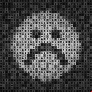 Abstract binary code forms a gear shape on a dark background.