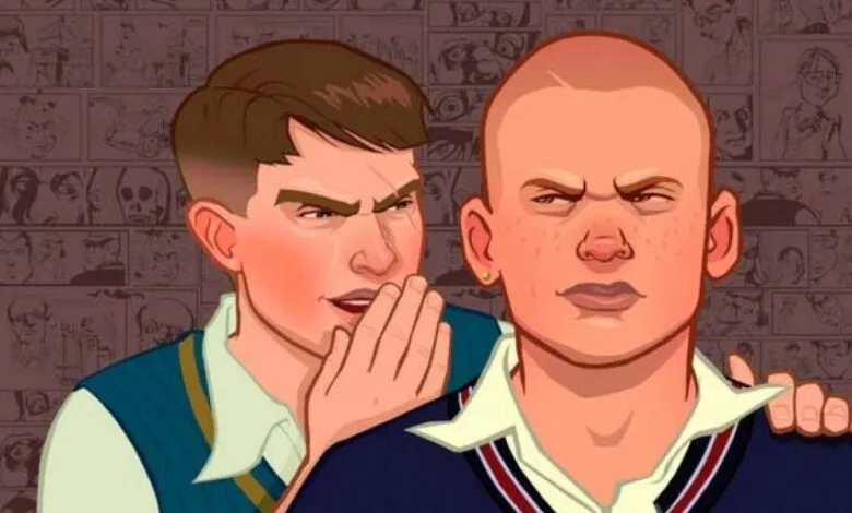 Two cartoon boys, one whispering into the other's ear, with a comic background.