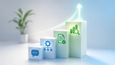 Three white blocks ascending with icons representing communication, process, and analytics.