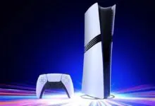 PlayStation 5 console and controller on a vibrant, colorful background.