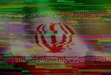 Distorted Iranian flag with digital glitch effect, red, green, and white.