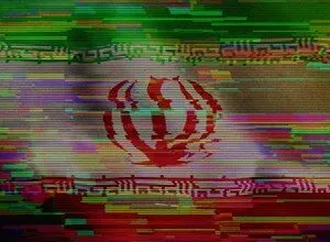 Distorted Iranian flag with digital glitch effect, red, green, and white.