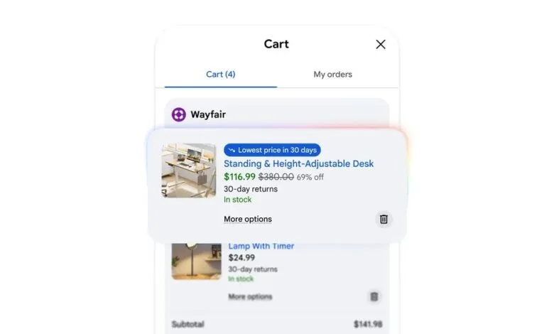 Wayfair cart showing standing desk and lamp with timer on sale.