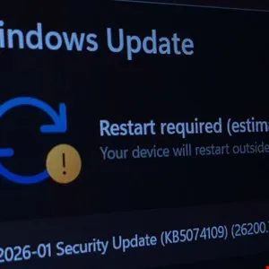 Windows Update screen showing 'Restart required' message with a yellow warning icon.