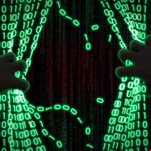 Hands pull apart a curtain of green binary code revealing a red binary background.