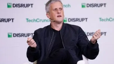 Dustin Moskovitz speaking at TechCrunch Disrupt conference.